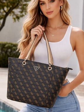 GUESS Brown Logo Tote with Tan Handles